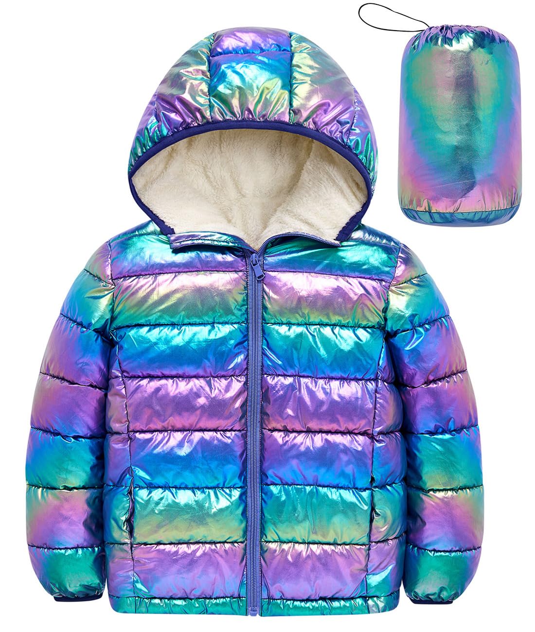 Aideaone Girls Puffer Jacket Packable Hooded Warmth Padded Winter Coat Metallic Shine Outerwear 10-12Years