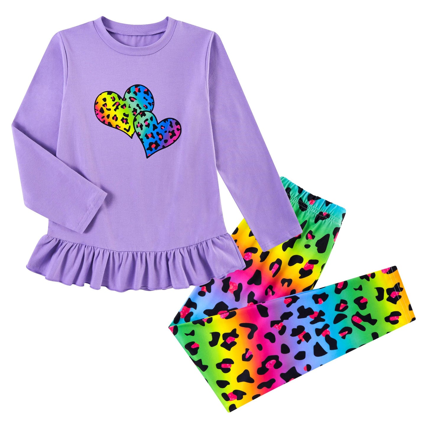 Aideaone Girls Outfit Fall 2 Pcs Clothes Sets Long Sleeve Ruffle Hem Shirt Floral Pants for Kids Size 3-7