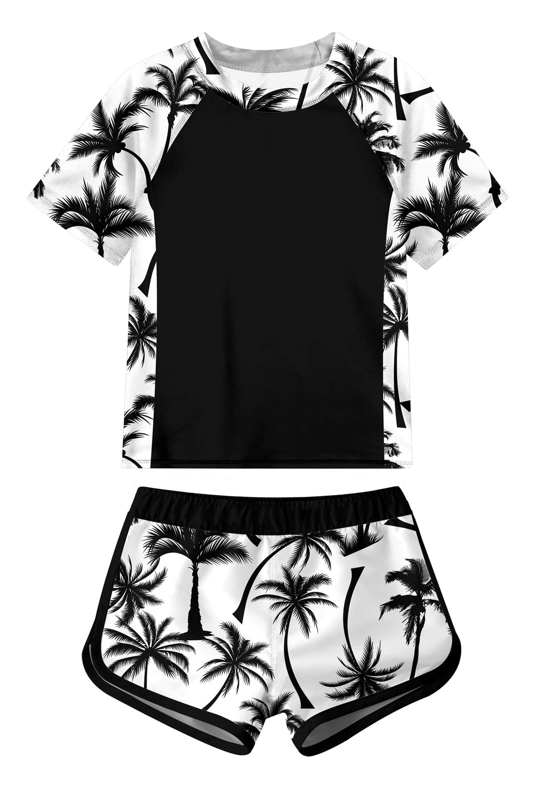Aideaone Girls Short Sleeve Swimsuit 2-Piece Tankini Rash Guard Bathing Suit Sets Beach Swimwear 8-14T