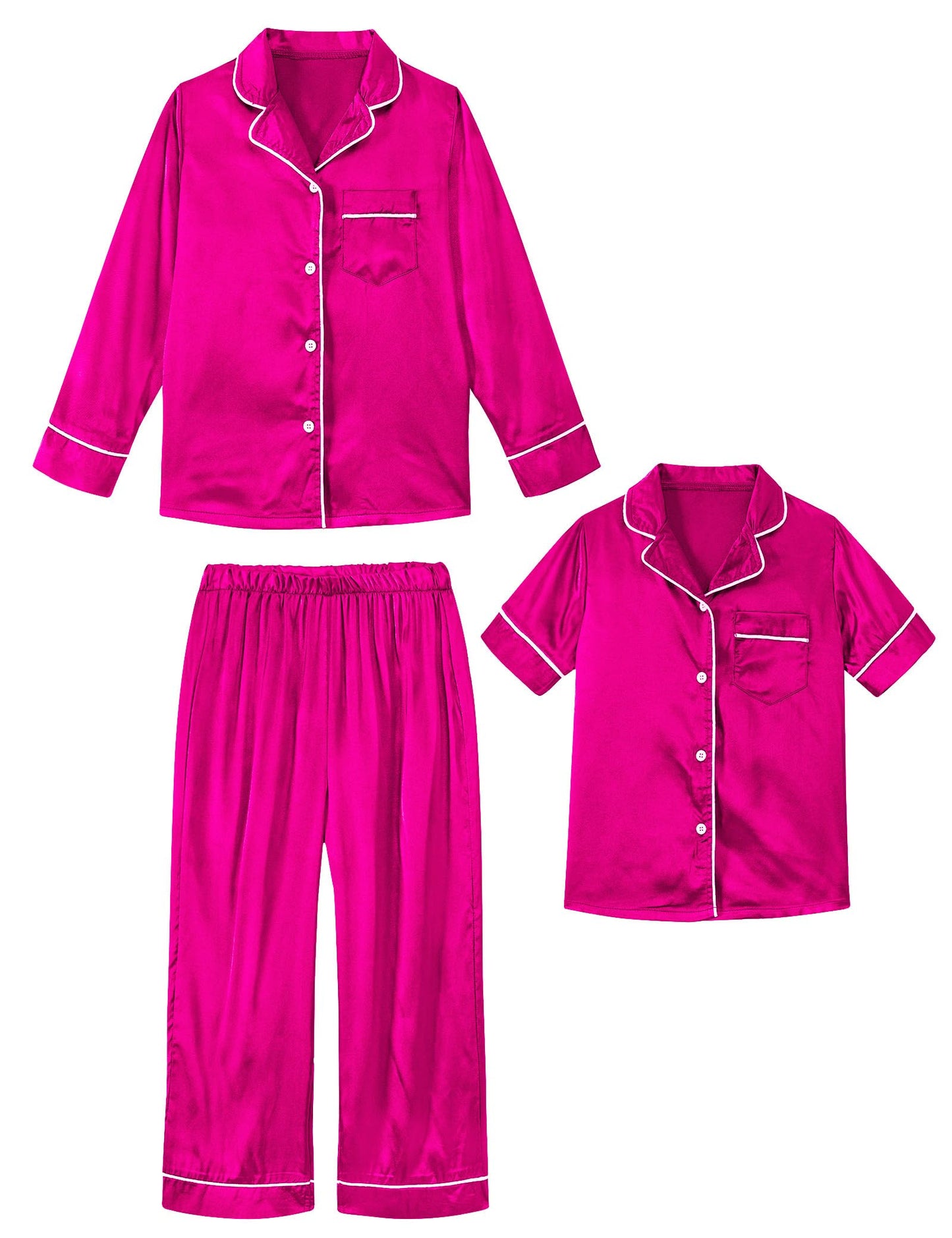 Aideaone Girls Boys Silk Pajamas Kids 3 Piece Satin PJs Set Button-Down Silky Nightwear Children Sleepwear for 5-12 Years