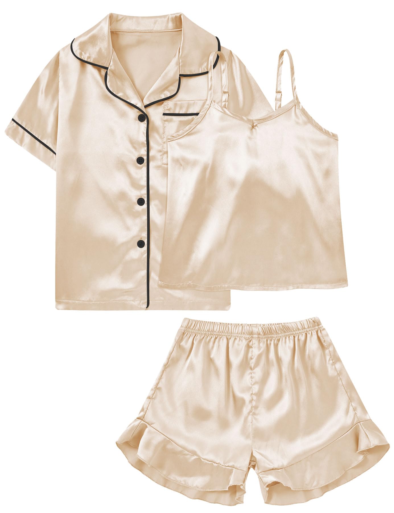 Aideaone Girls Silk Pajama Sets 3pcs Button Down Kids Satin Pjs set Short Sleeve Sleepwear 6-13 Years