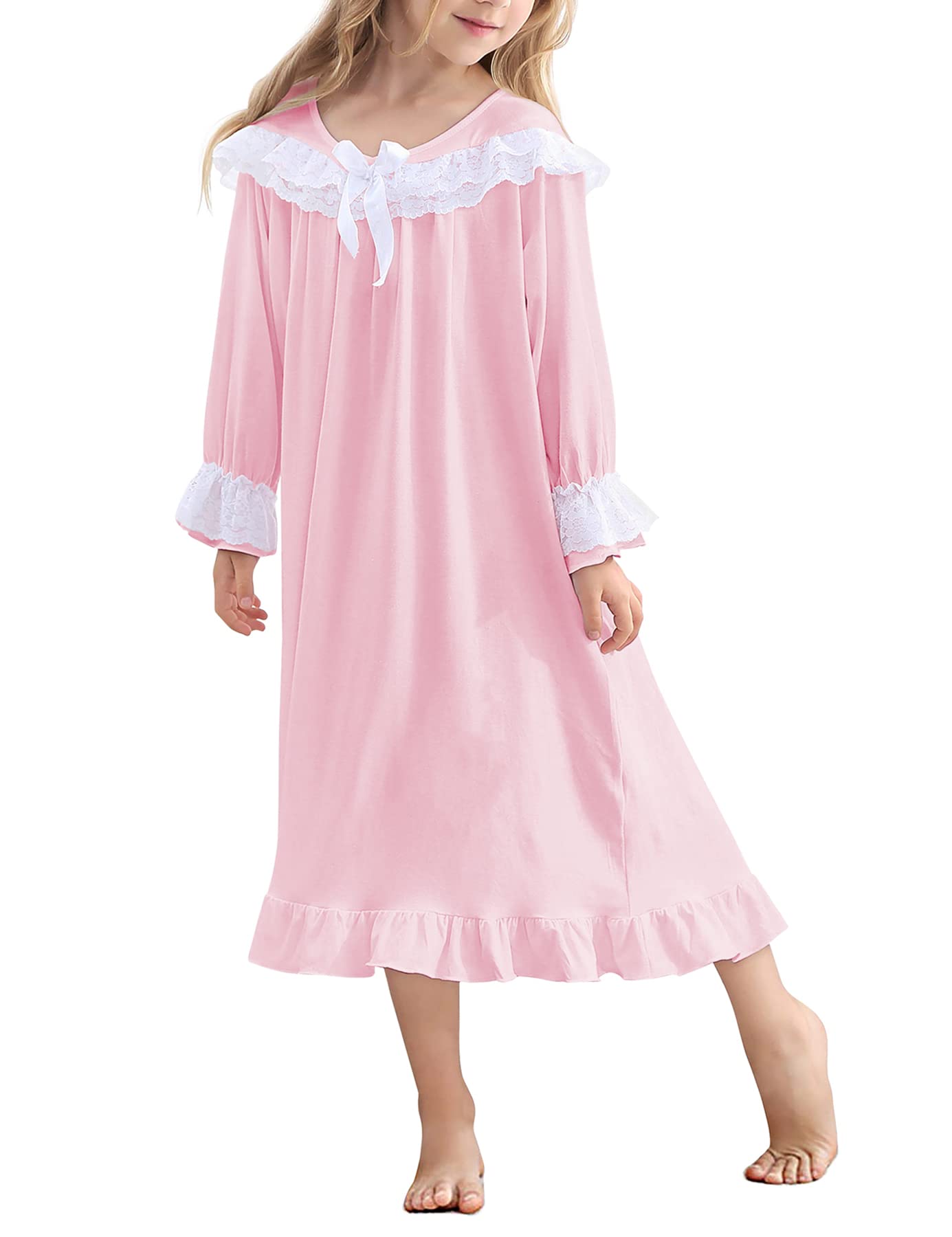 Aideaone Girl Christmas Nightgowns Lace Print Sleepwear Lightweight Nightdress Soft Princess Pajamas Dress Red 4-12 Years