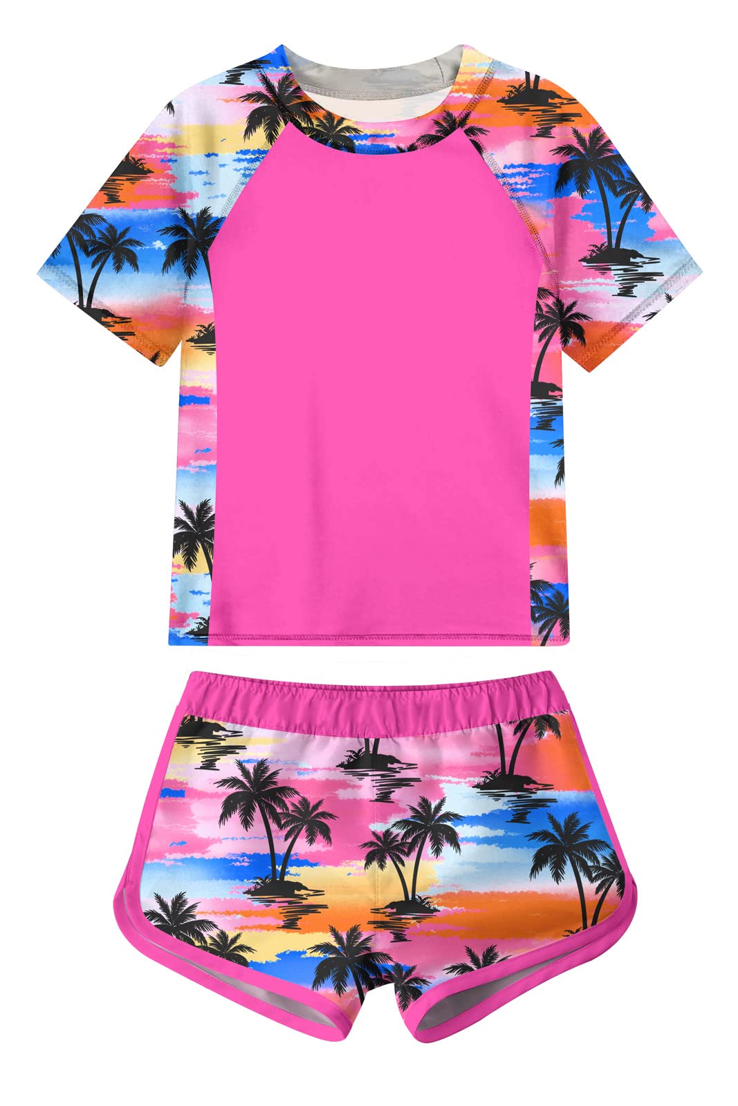 Aideaone Girls Short Sleeve Swimsuit 2-Piece Tankini Rash Guard Bathing Suit Sets Beach Swimwear 8-14T