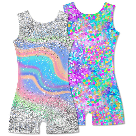 Aideaone 2 Pack Gymnastics Leotards for Girls Sparkly Toddler Biketards with Shorts Kids Unitard Dance Sportswear 3-10T