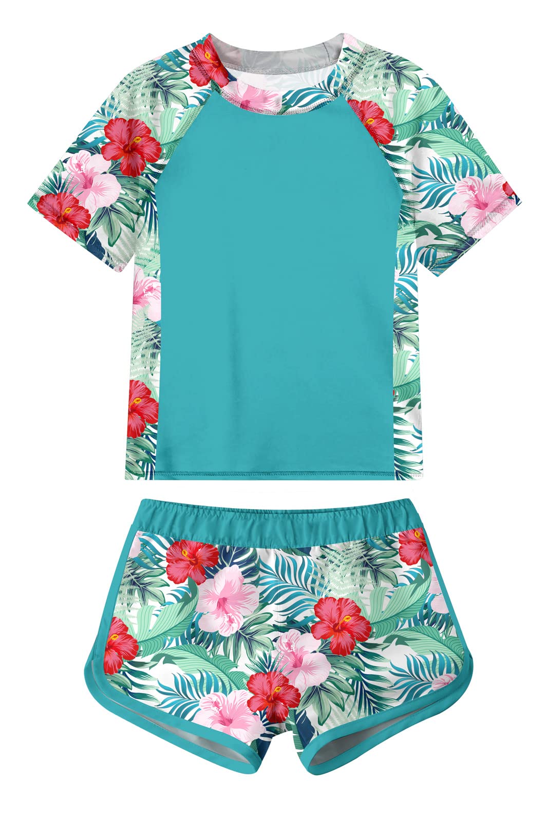 Aideaone Girls Short Sleeve Swimsuit 2-Piece Tankini Rash Guard Bathing Suit Sets Beach Swimwear 8-14T