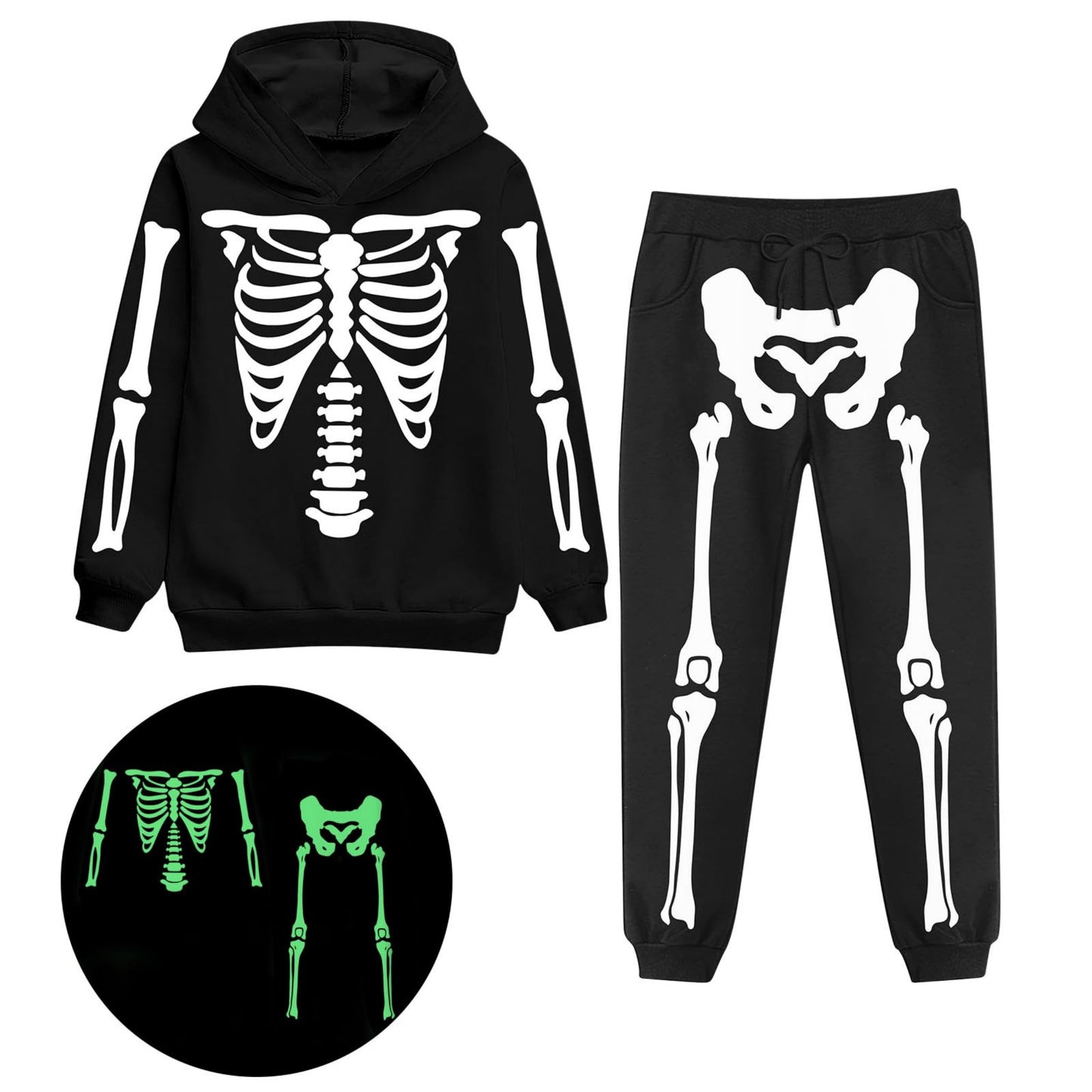Aideaone Boys Girls Halloween Hoodie Pants Set 3D Graphic Glow in The Dark Skull Skeleton Pullover Outfits 5-12 Years