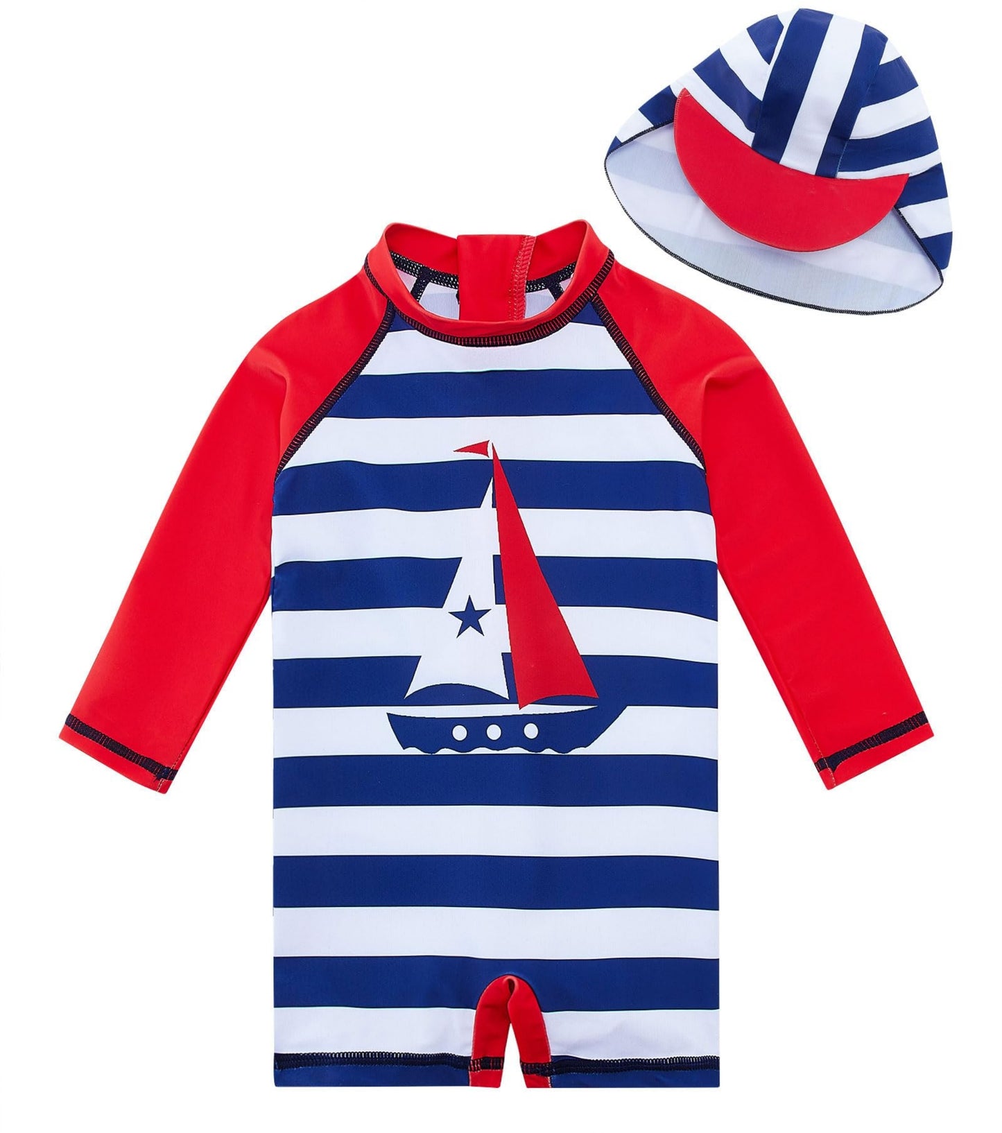 Baby Infant Boys Swimsuit One-Piece with Sun Hat Long Sleeve UPF 50+ Rash Guard Swimwear for Boys 3-24 Months