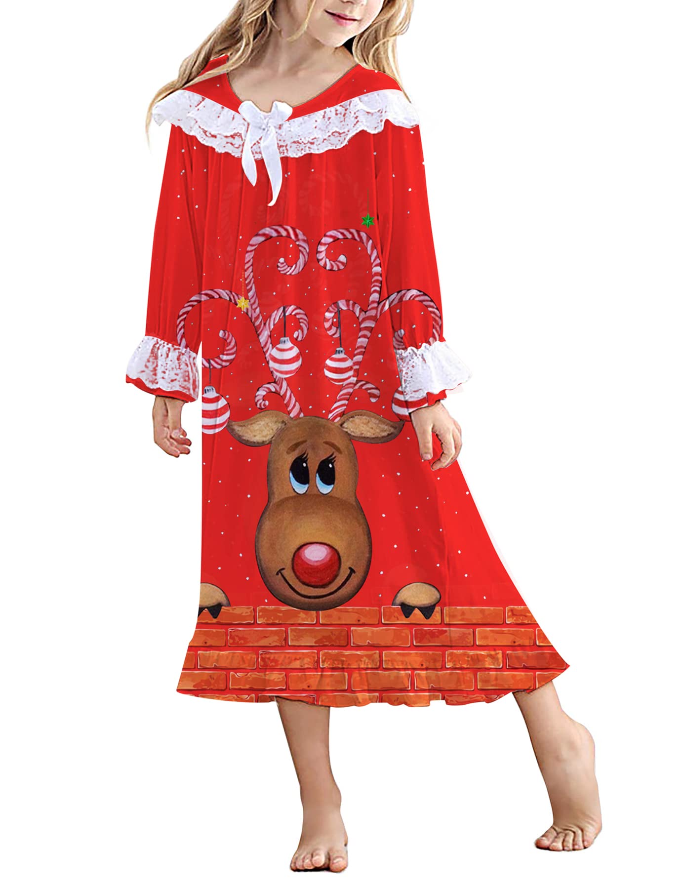 Aideaone Girl Christmas Nightgowns Lace Print Sleepwear Lightweight Nightdress Soft Princess Pajamas Dress Red 4-12 Years