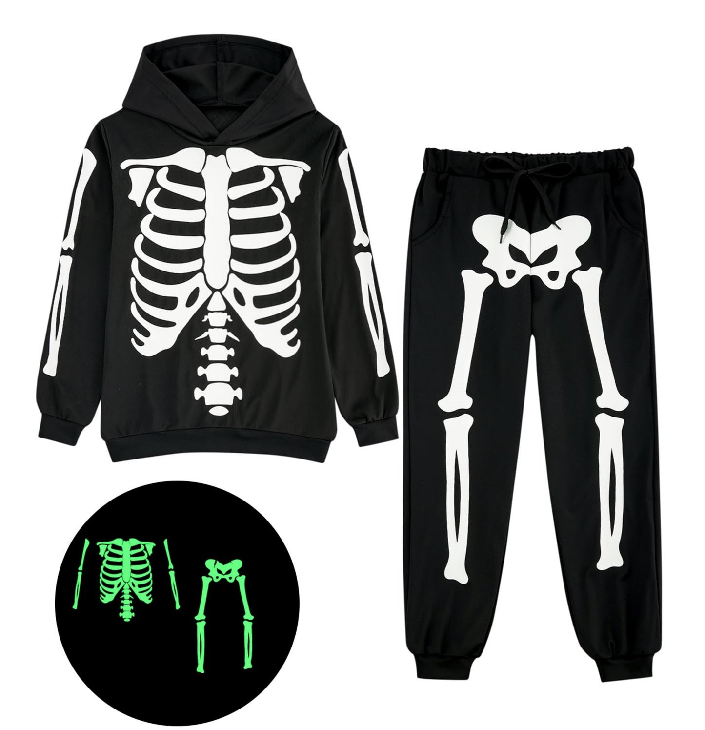 Aideaone Boys Girls Halloween Hoodie Pants Set 3D Graphic Glow in The Dark Skull Skeleton Pullover Outfits 5-12 Years